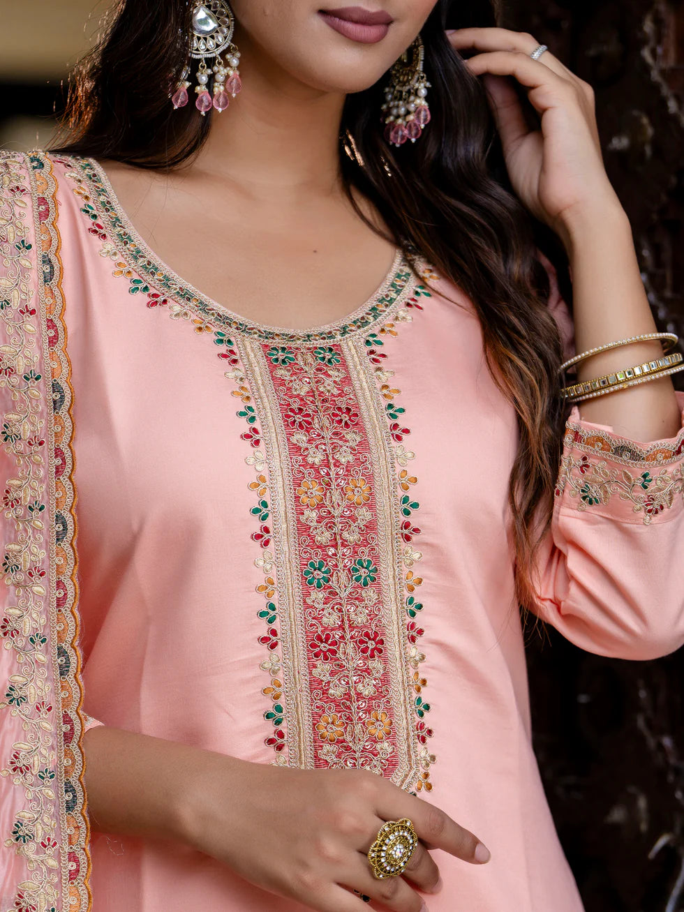 Floral Embroidered Silk Round Neck Kurta Trouser & Dupatta Set
