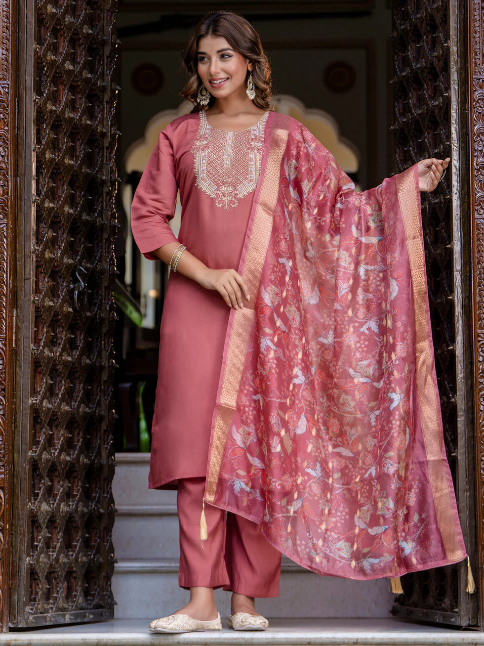 Floral Embroidered Silk Round Neck Kurta Trouser & Dupatta Set