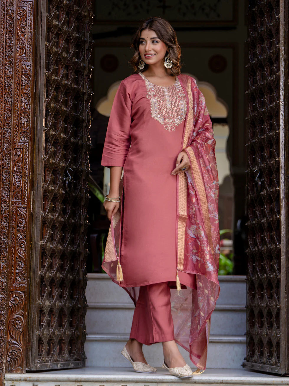 Floral Embroidered Silk Round Neck Kurta Trouser & Dupatta Set