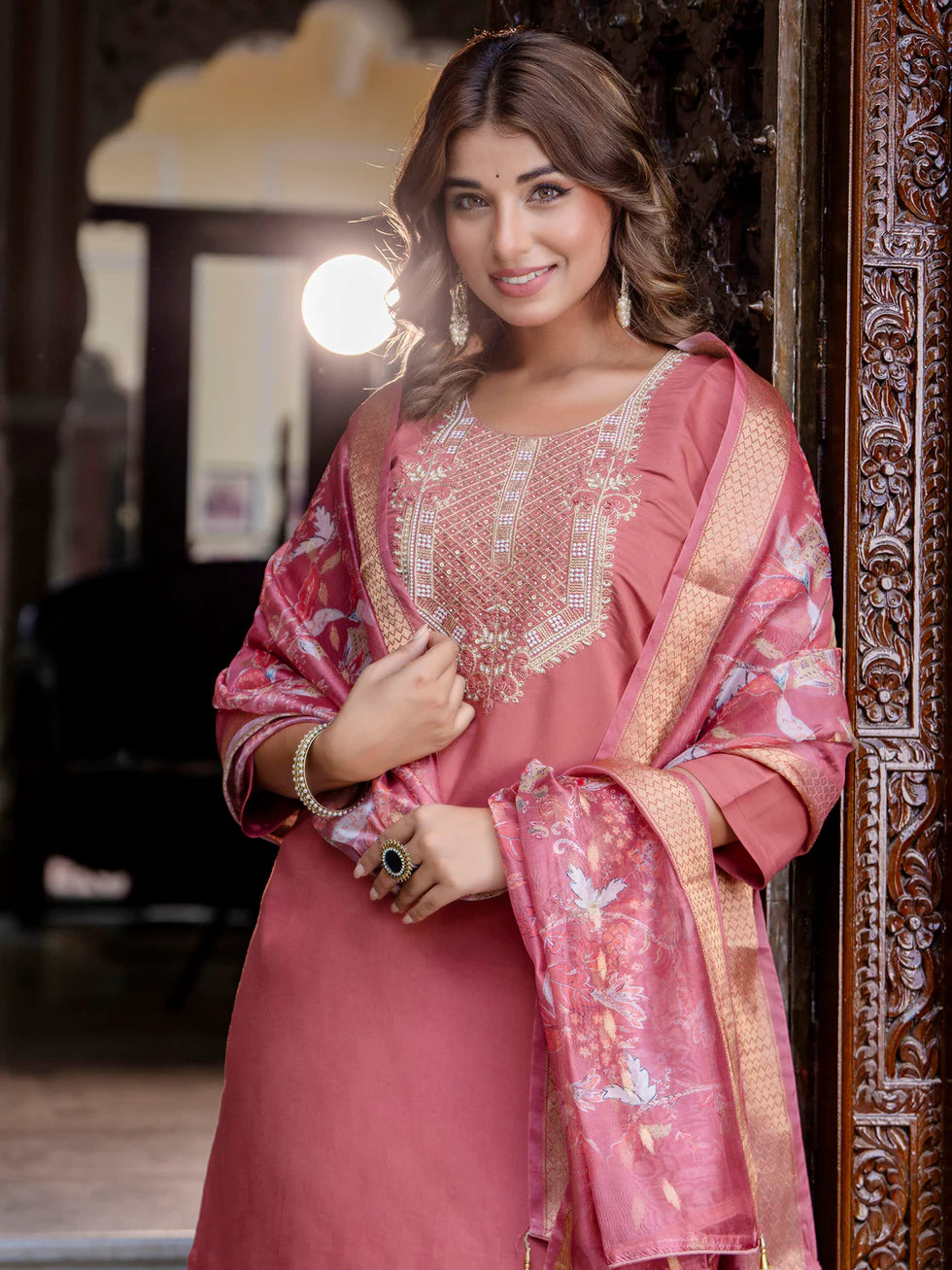Floral Embroidered Silk Round Neck Kurta Trouser & Dupatta Set