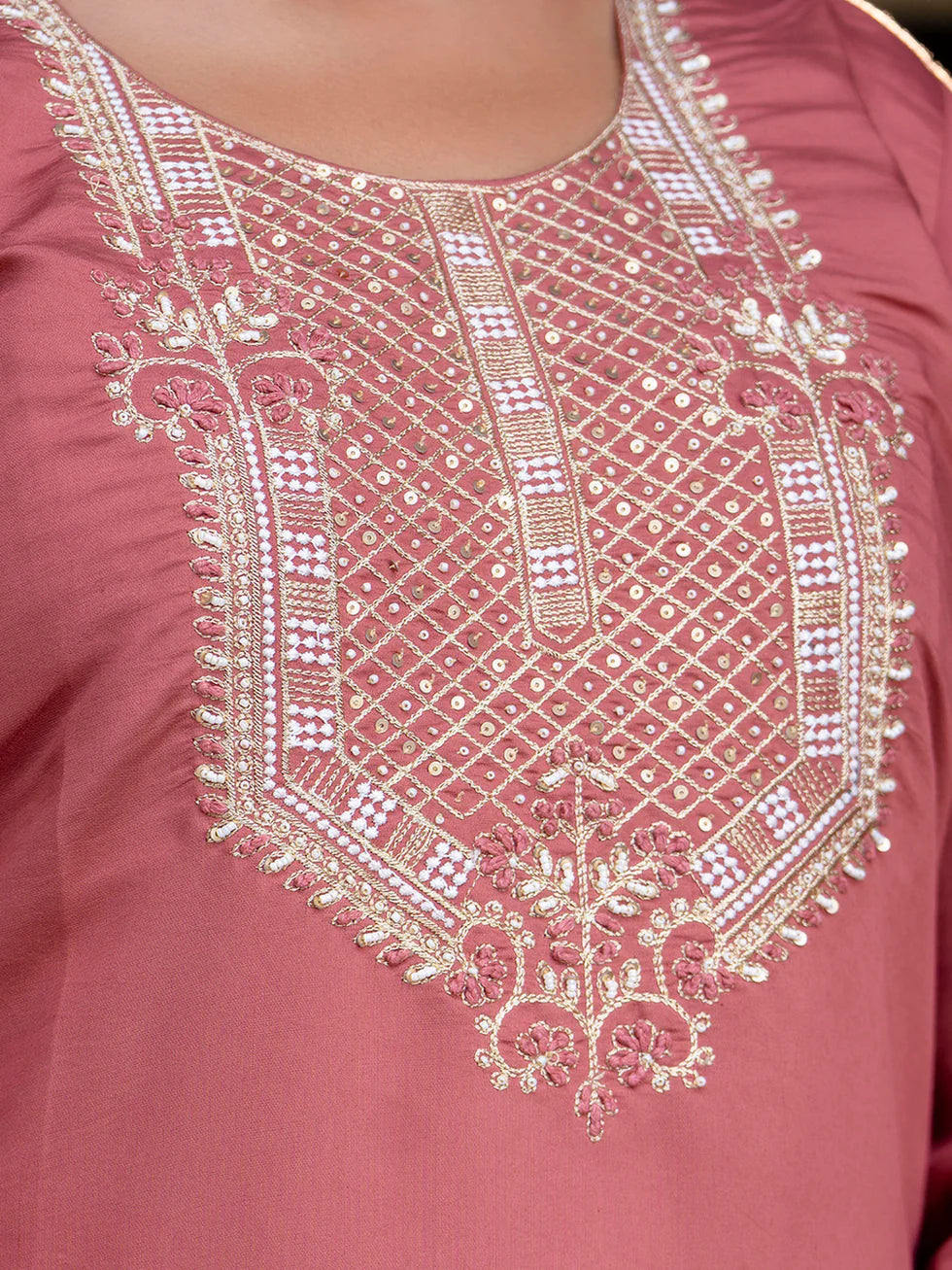 Floral Embroidered Silk Round Neck Kurta Trouser & Dupatta Set