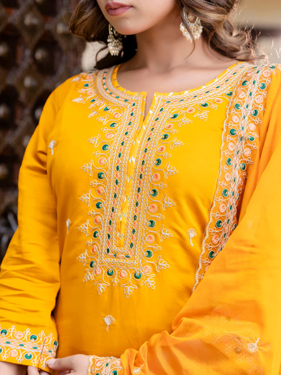 Floral Embroidered Silk Round Neck Kurta Trouser & Dupatta Set