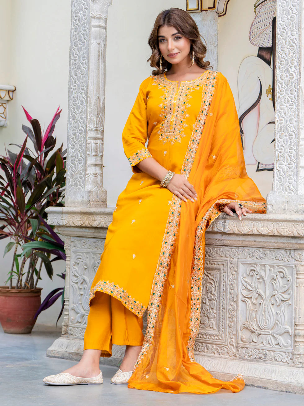 Floral Embroidered Silk Round Neck Kurta Trouser & Dupatta Set