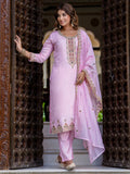 Floral Embroidered Silk Round Neck Kurta Trouser & Dupatta Set
