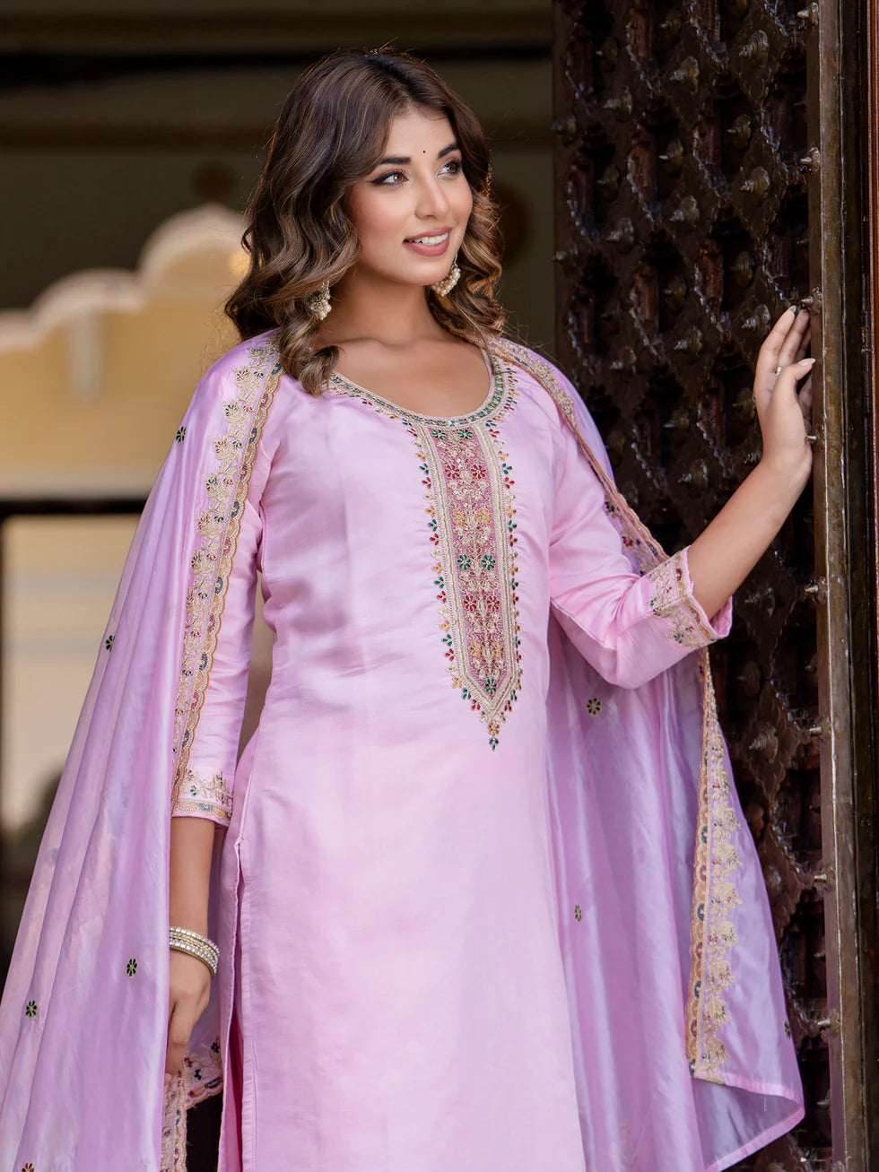 Floral Embroidered Silk Round Neck Kurta Trouser & Dupatta Set