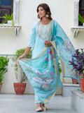 Floral Embroidered Silk Round Neck Kurta Trouser & Dupatta Set