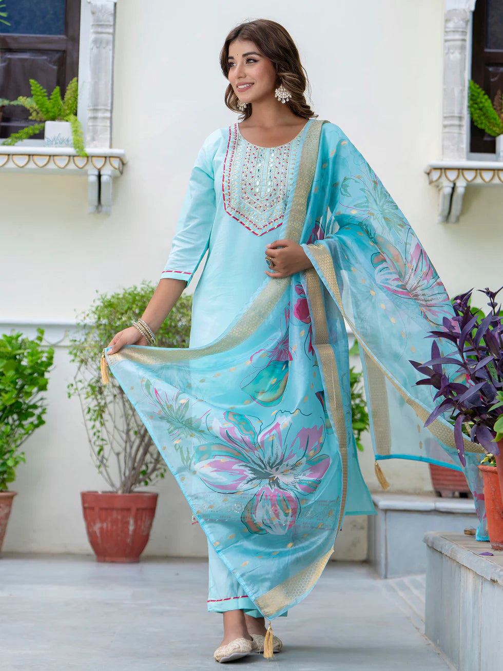 Floral Embroidered Silk Round Neck Kurta Trouser & Dupatta Set