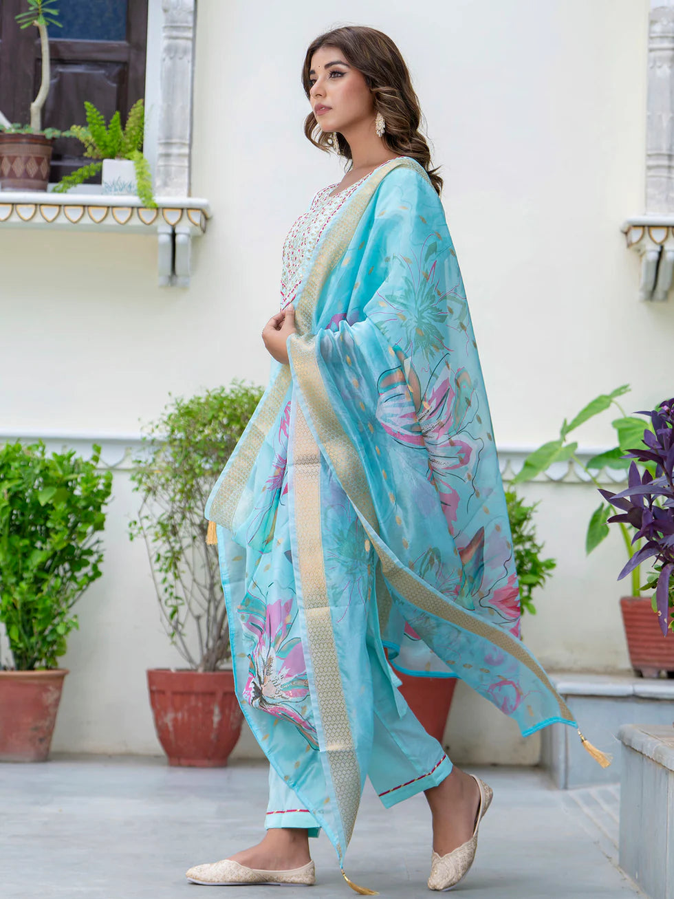 Floral Embroidered Silk Round Neck Kurta Trouser & Dupatta Set