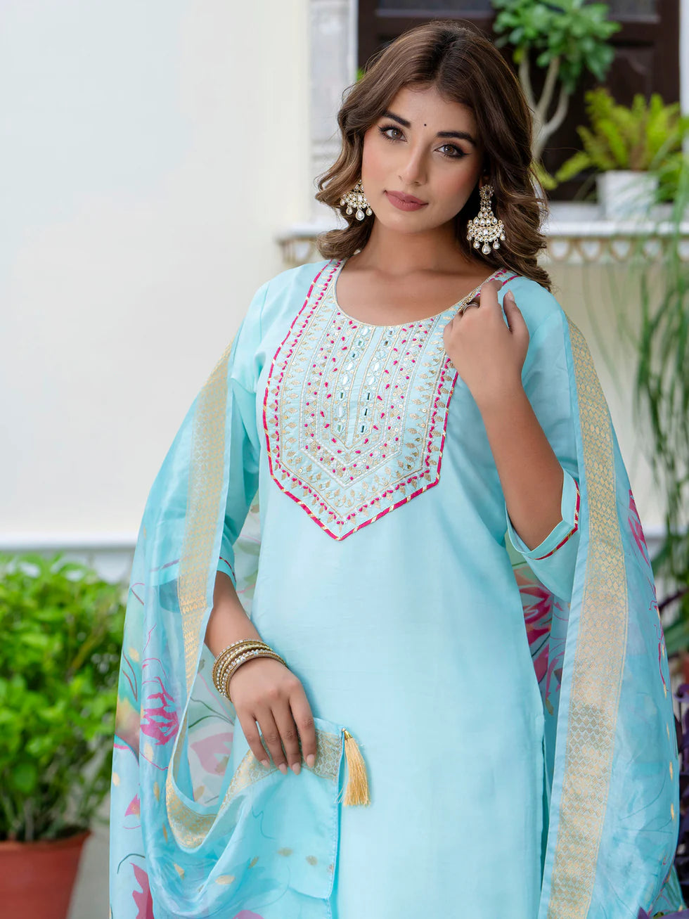 Floral Embroidered Silk Round Neck Kurta Trouser & Dupatta Set