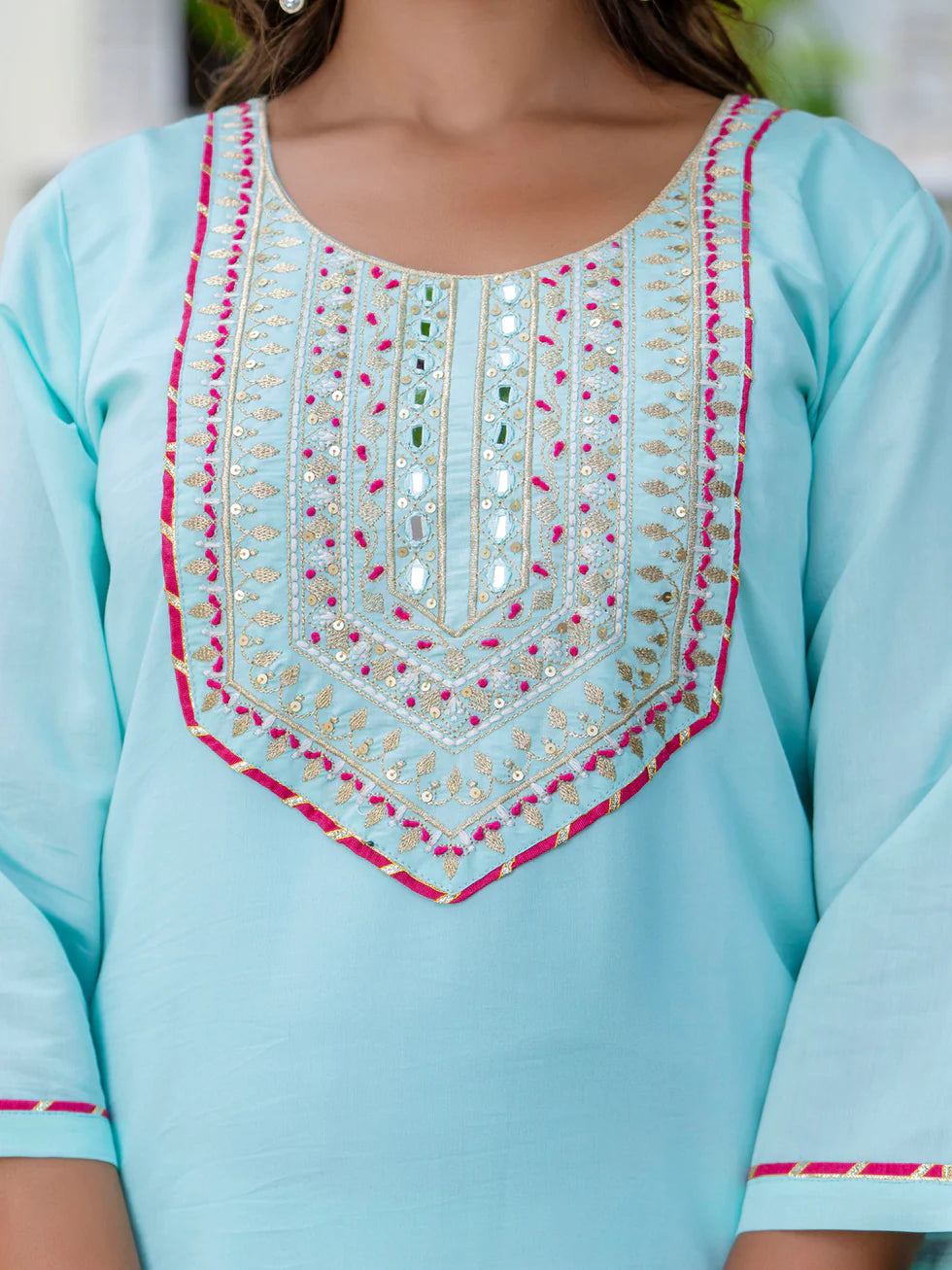 Floral Embroidered Silk Round Neck Kurta Trouser & Dupatta Set