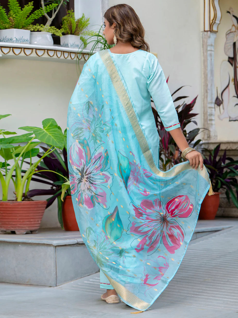 Floral Embroidered Silk Round Neck Kurta Trouser & Dupatta Set
