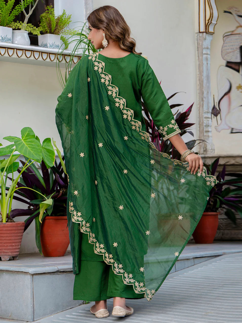 Floral Embroidered Silk Round Neck Kurta Trouser & Dupatta Set