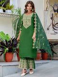 Floral Embroidered Silk Round Neck Kurta Trouser & Dupatta Set