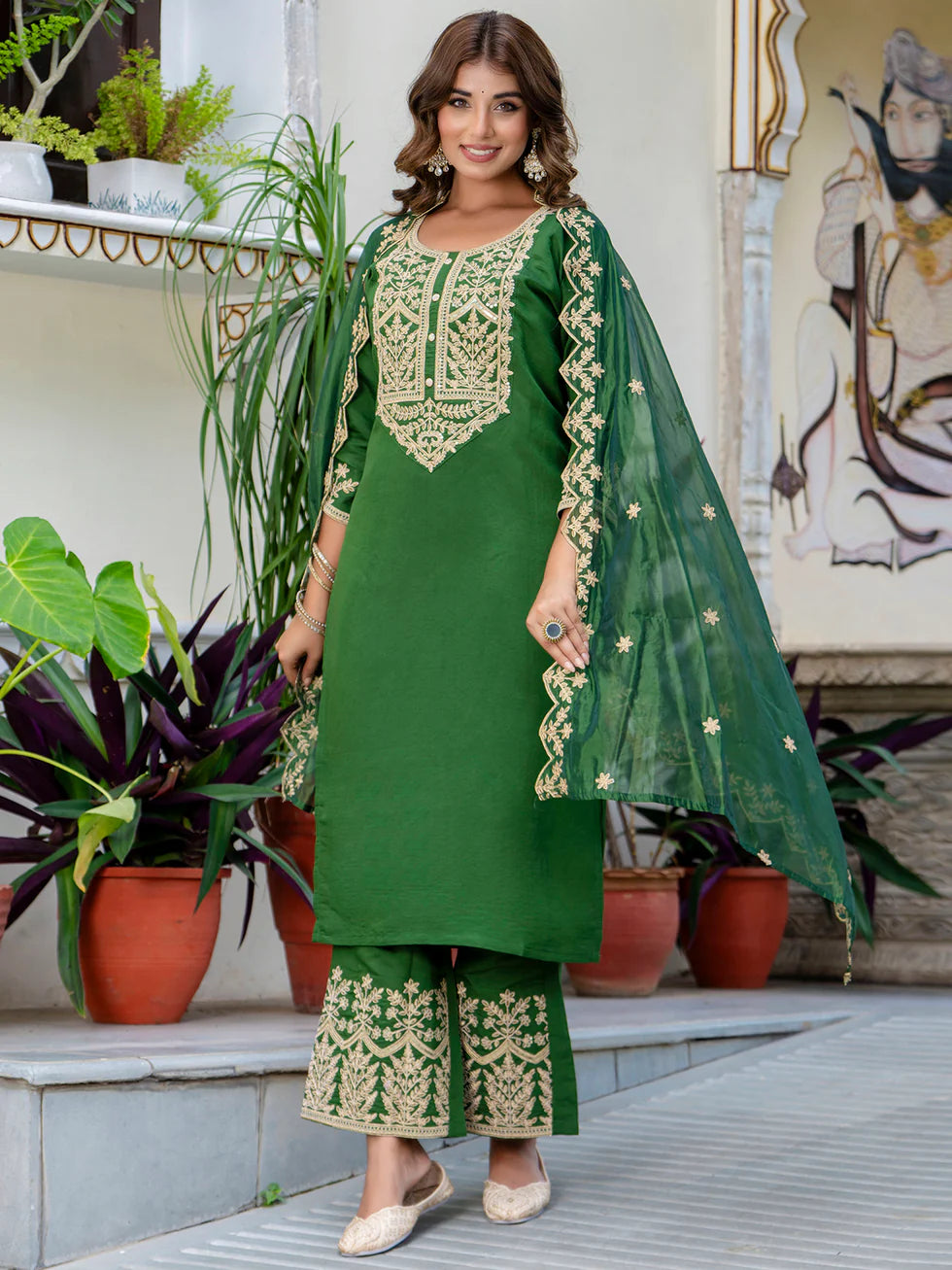 Floral Embroidered Silk Round Neck Kurta Trouser & Dupatta Set