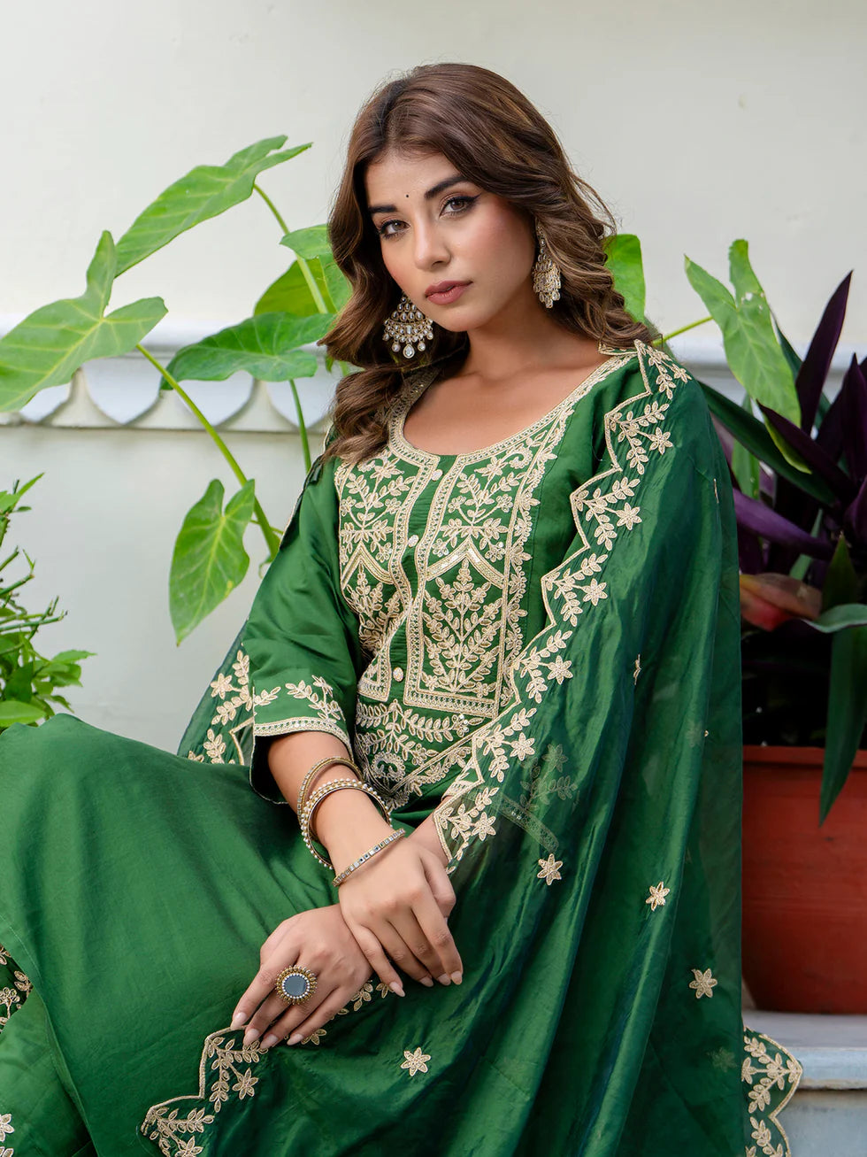 Floral Embroidered Silk Round Neck Kurta Trouser & Dupatta Set