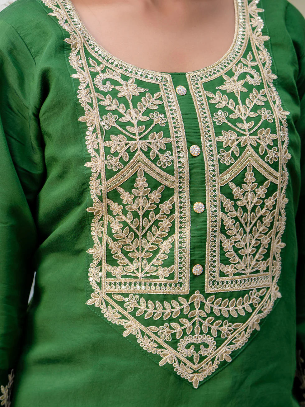 Floral Embroidered Silk Round Neck Kurta Trouser & Dupatta Set