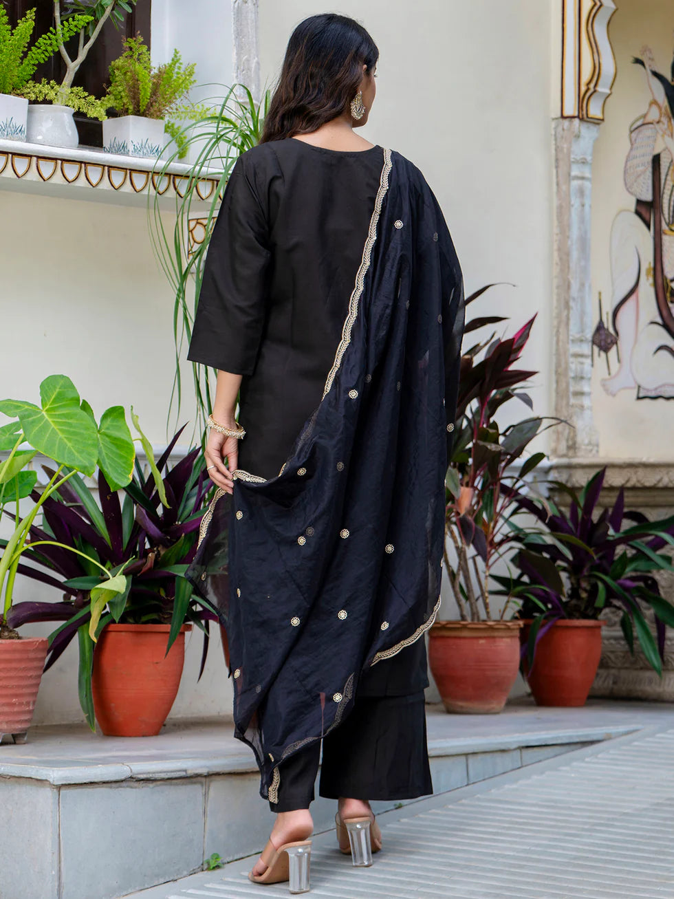 Floral Embroidered Silk Round Neck Kurta Trouser & Dupatta Set