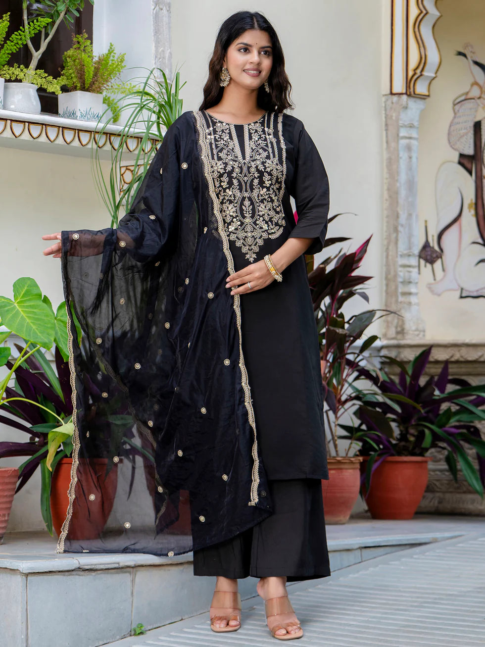 Floral Embroidered Silk Round Neck Kurta Trouser & Dupatta Set