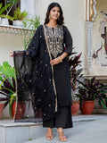 Floral Embroidered Silk Round Neck Kurta Trouser & Dupatta Set