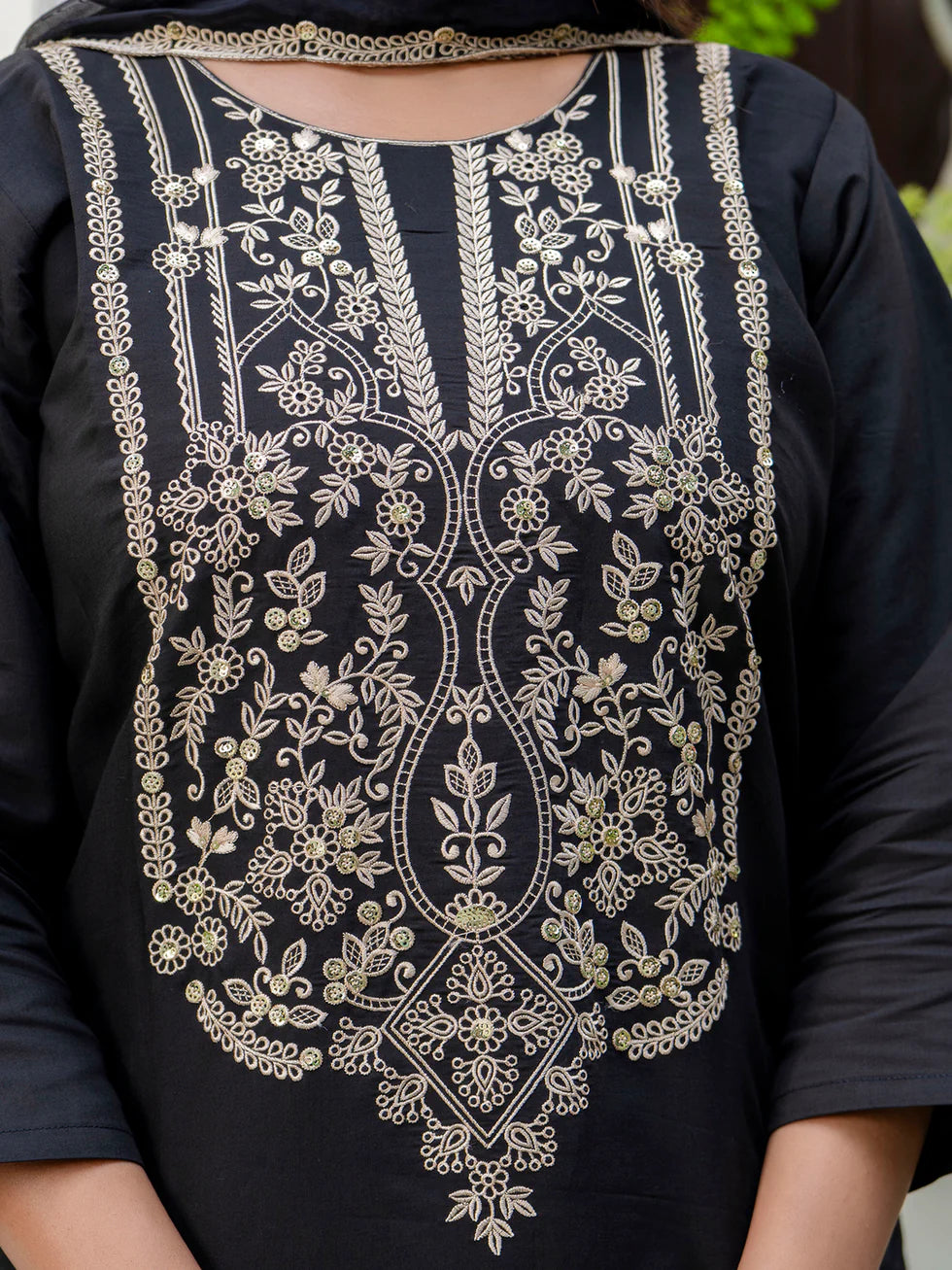Floral Embroidered Silk Round Neck Kurta Trouser & Dupatta Set