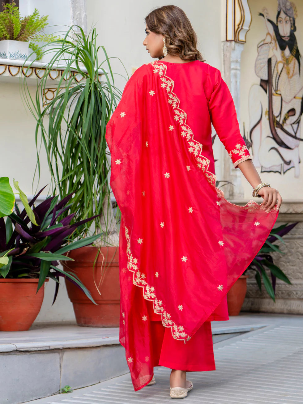 Floral Embroidered Silk Round Neck Kurta Trouser & Dupatta Set