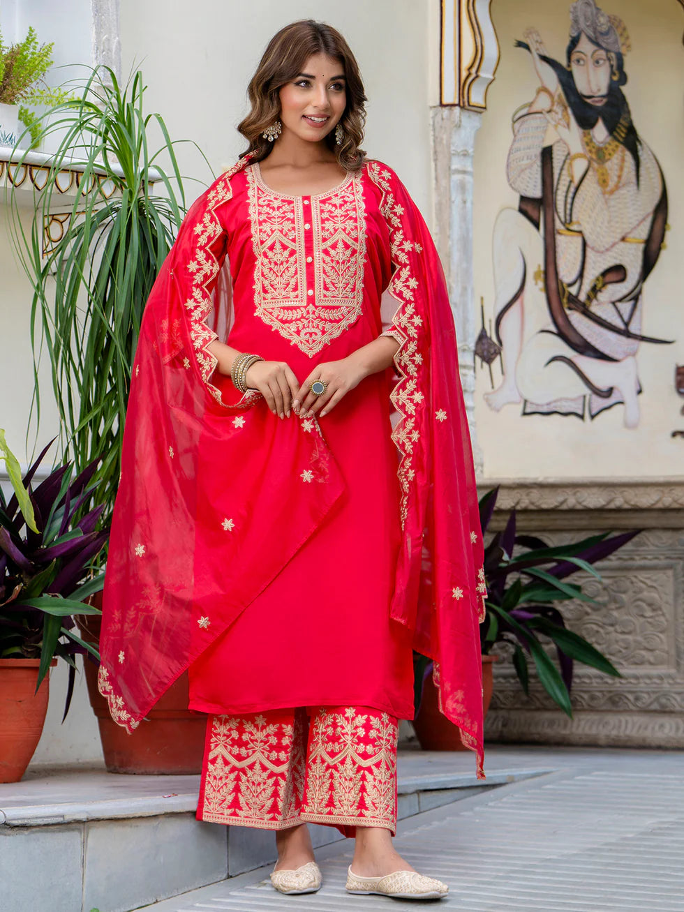 Floral Embroidered Silk Round Neck Kurta Trouser & Dupatta Set