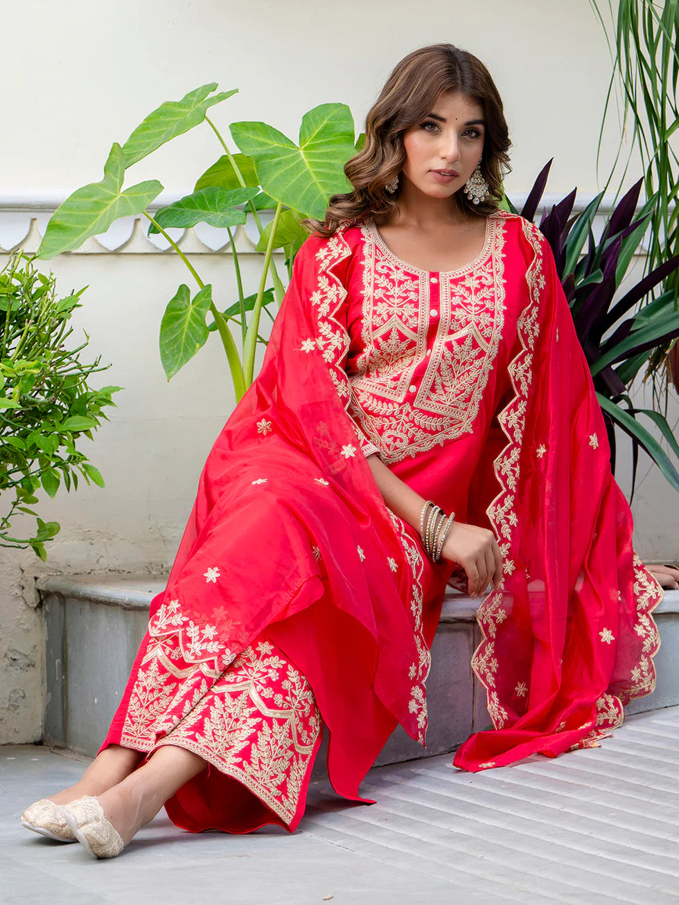 Floral Embroidered Silk Round Neck Kurta Trouser & Dupatta Set
