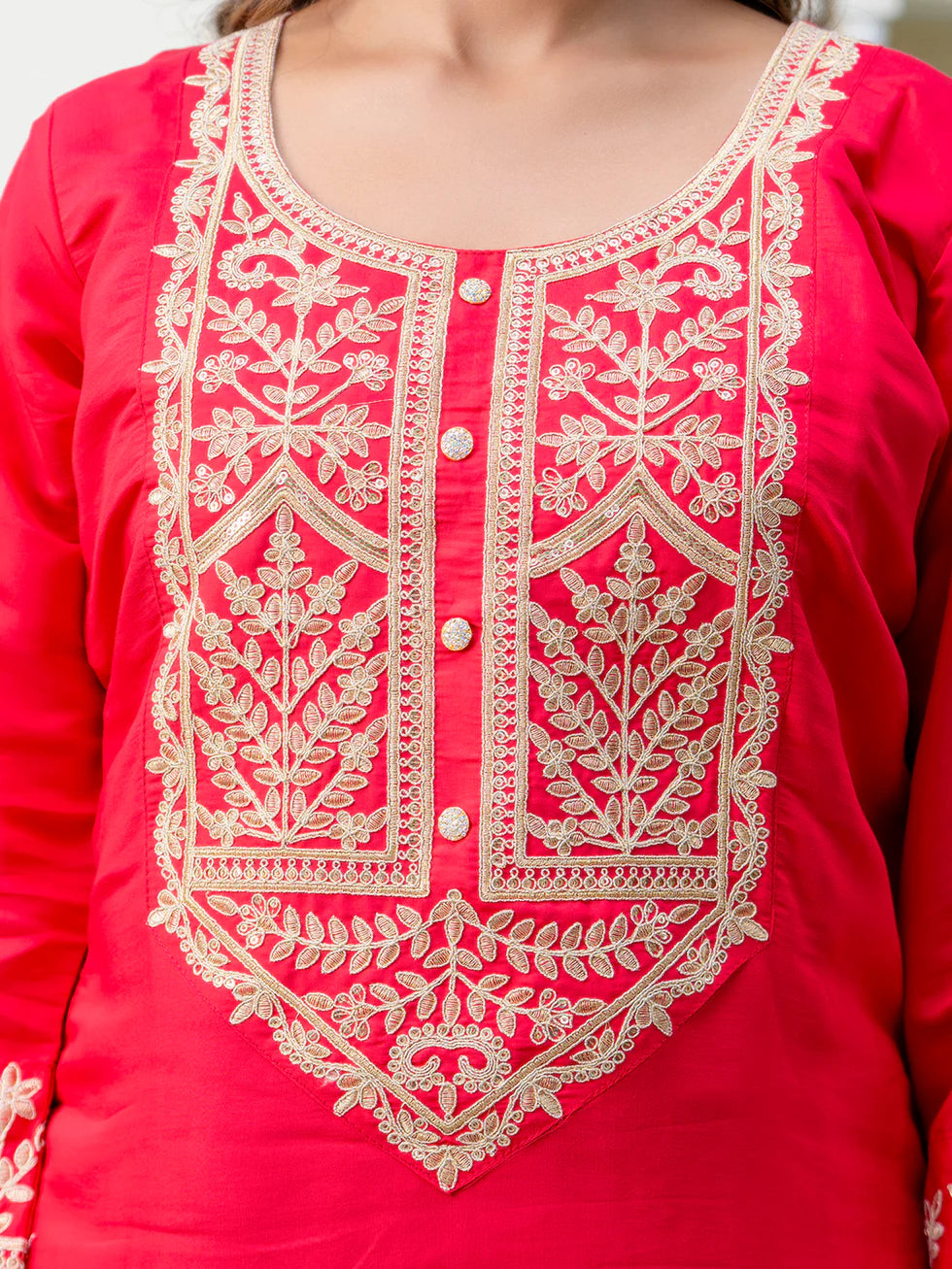 Floral Embroidered Silk Round Neck Kurta Trouser & Dupatta Set
