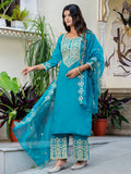 Floral Embroidered Silk Round Neck Kurta Trouser & Dupatta Set