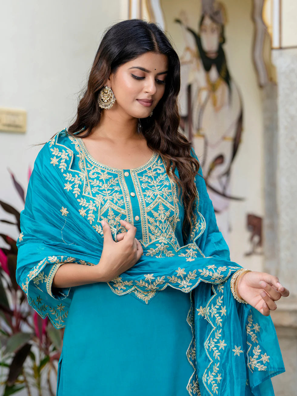 Floral Embroidered Silk Round Neck Kurta Trouser & Dupatta Set