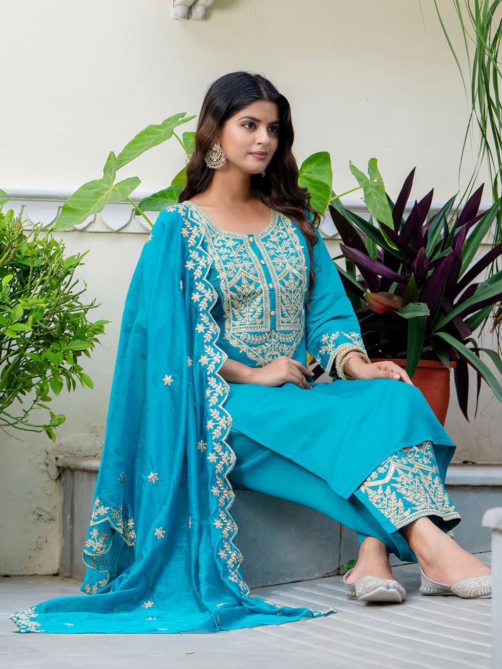 Floral Embroidered Silk Round Neck Kurta Trouser & Dupatta Set