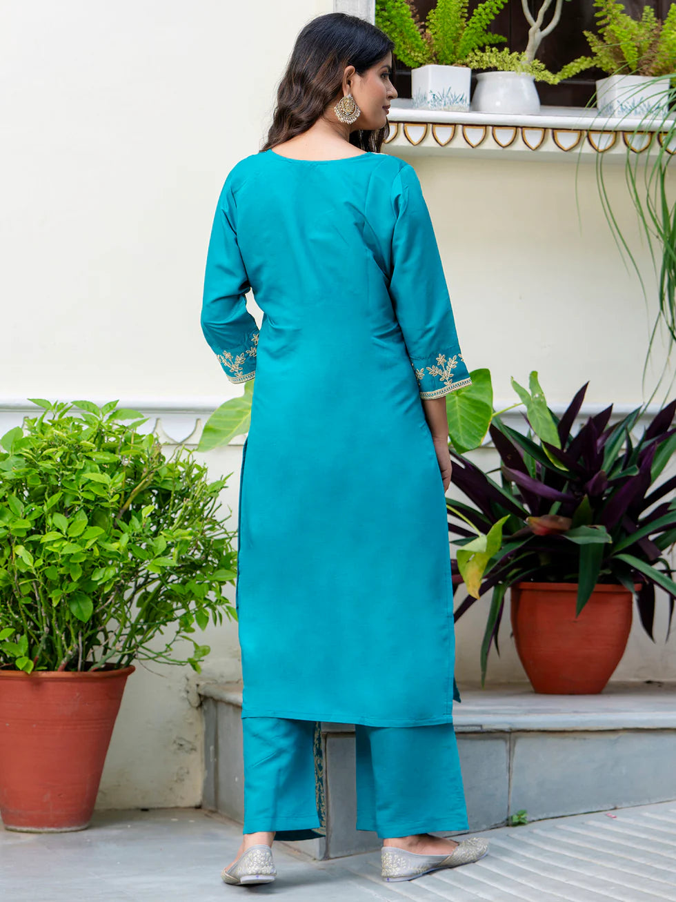 Floral Embroidered Silk Round Neck Kurta Trouser & Dupatta Set