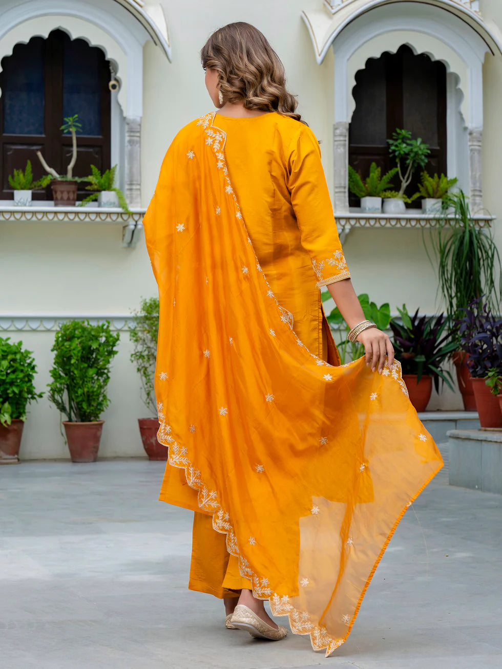 Floral Embroidered Silk Round Neck Kurta Trouser & Dupatta Set