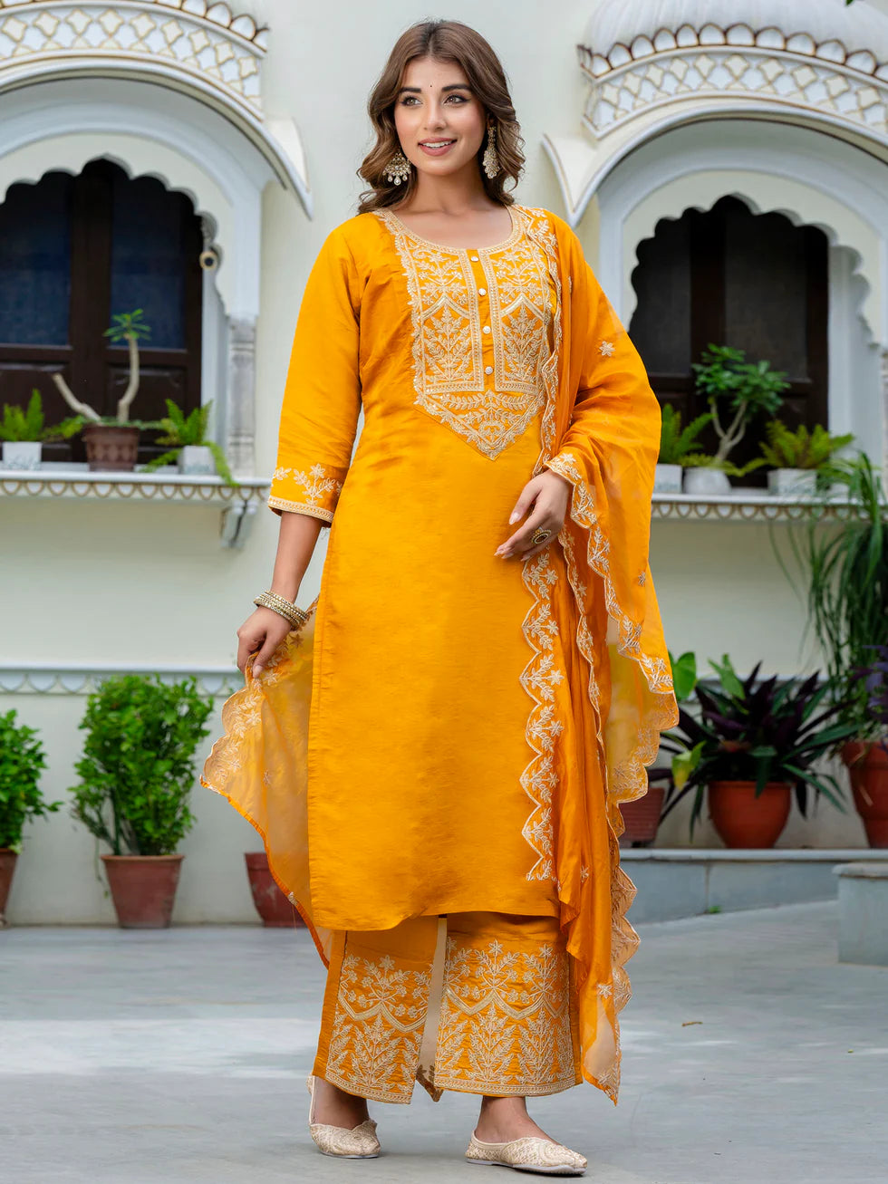 Floral Embroidered Silk Round Neck Kurta Trouser & Dupatta Set