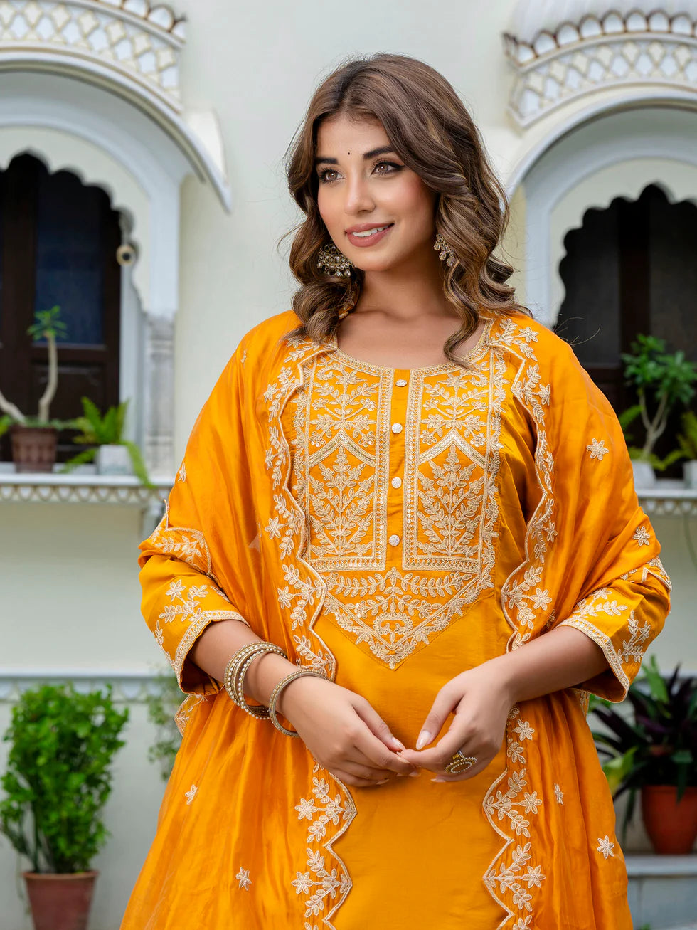 Floral Embroidered Silk Round Neck Kurta Trouser & Dupatta Set