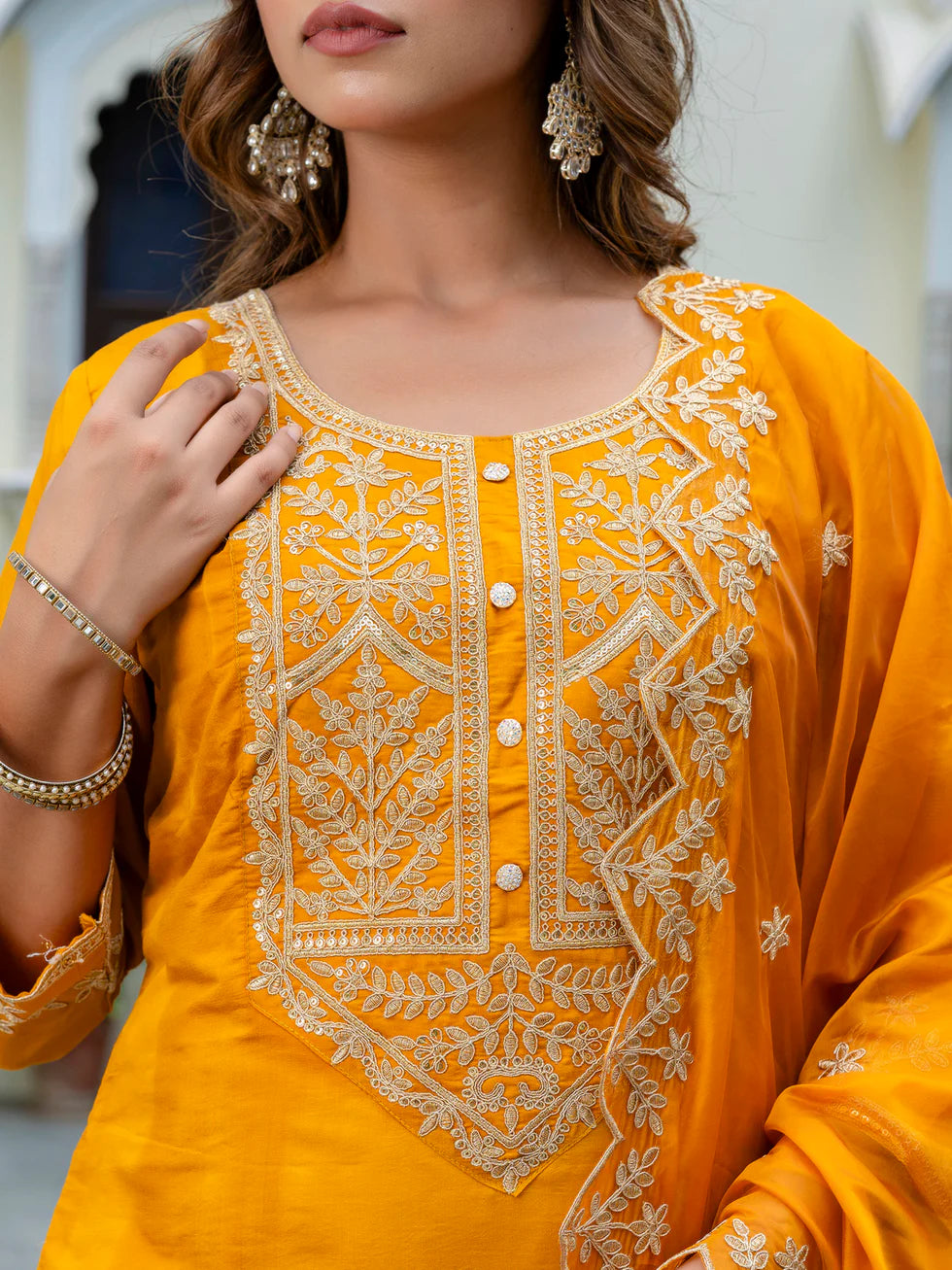 Floral Embroidered Silk Round Neck Kurta Trouser & Dupatta Set