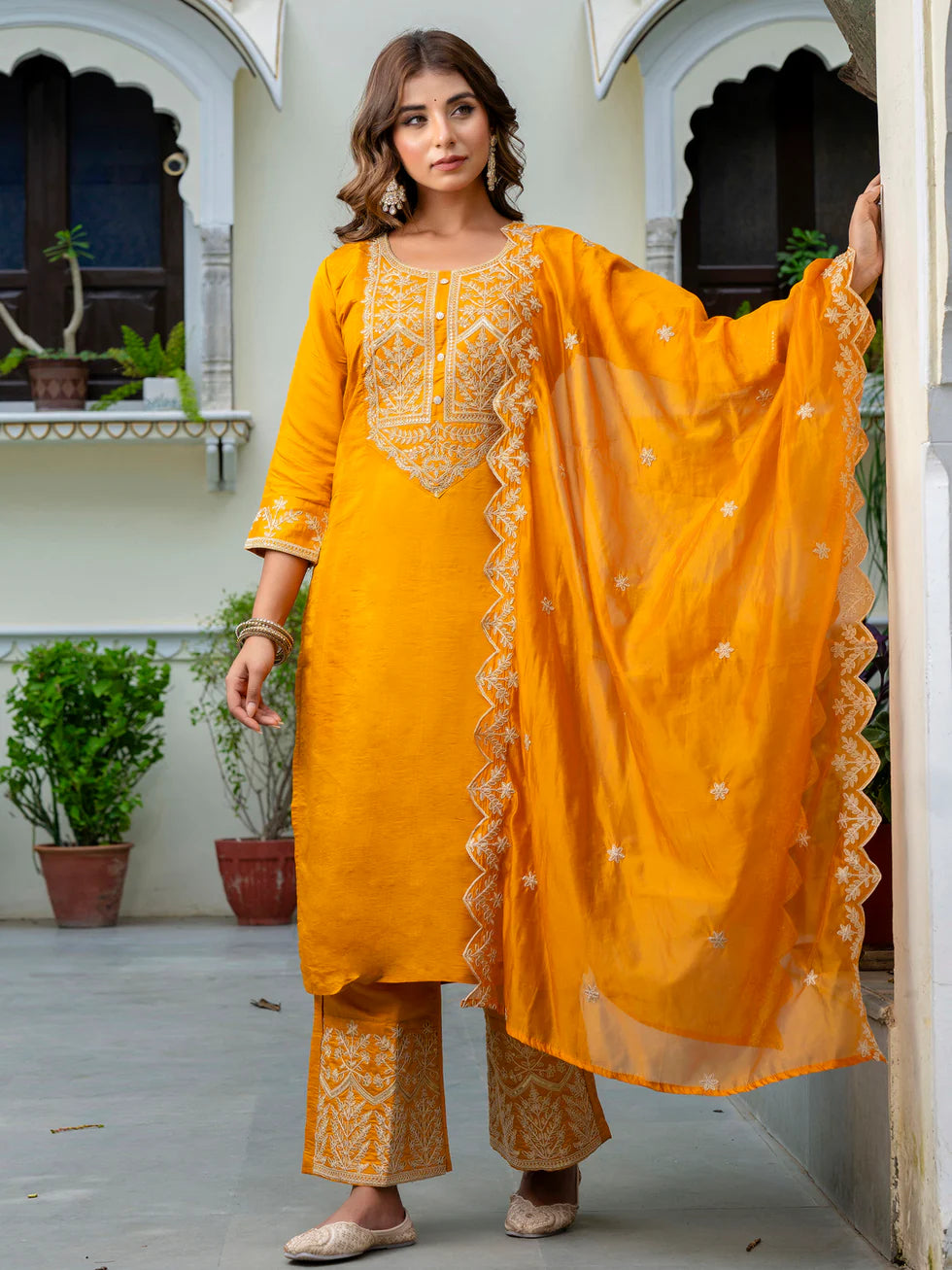 Floral Embroidered Silk Round Neck Kurta Trouser & Dupatta Set