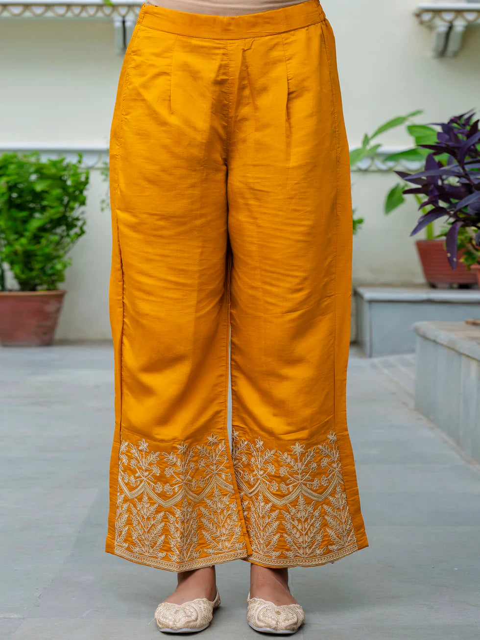 Floral Embroidered Silk Round Neck Kurta Trouser & Dupatta Set