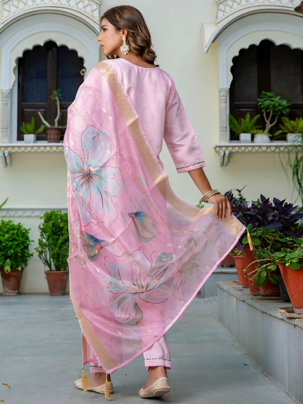 Floral Embroidered Silk Round Neck Kurta Trouser & Dupatta Set