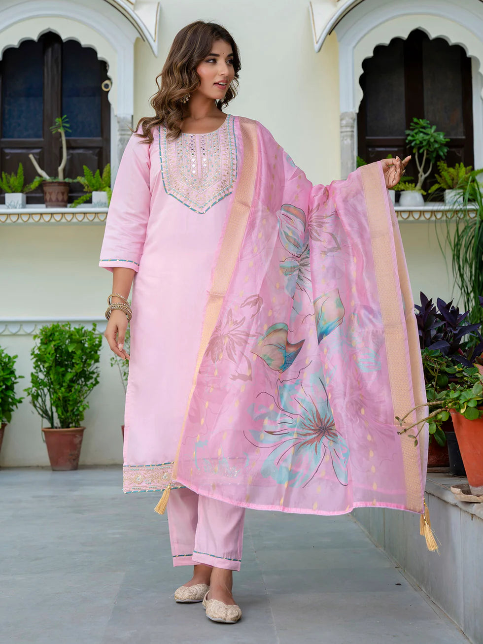 Floral Embroidered Silk Round Neck Kurta Trouser & Dupatta Set