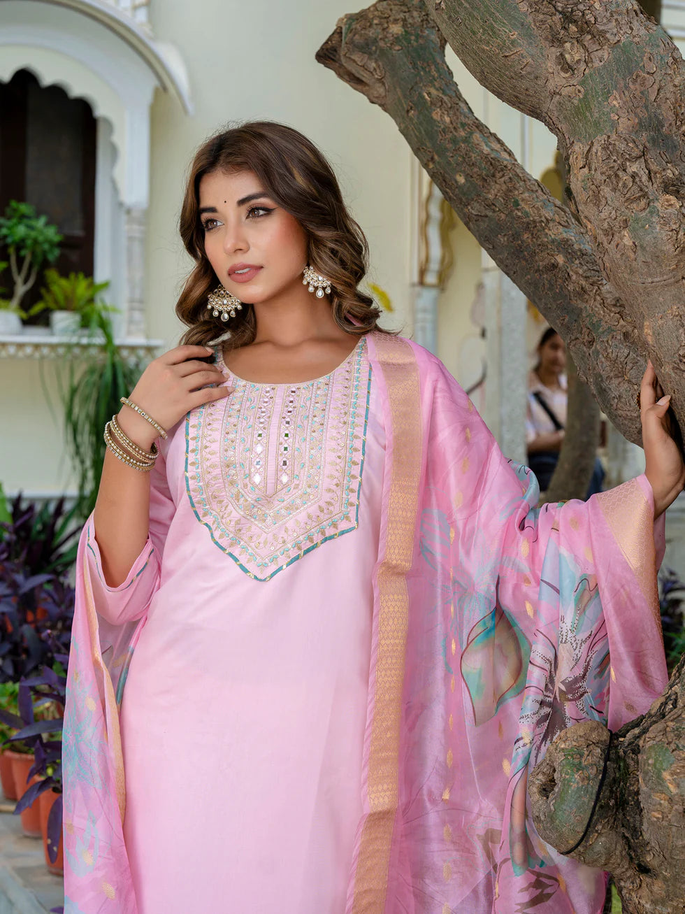 Floral Embroidered Silk Round Neck Kurta Trouser & Dupatta Set