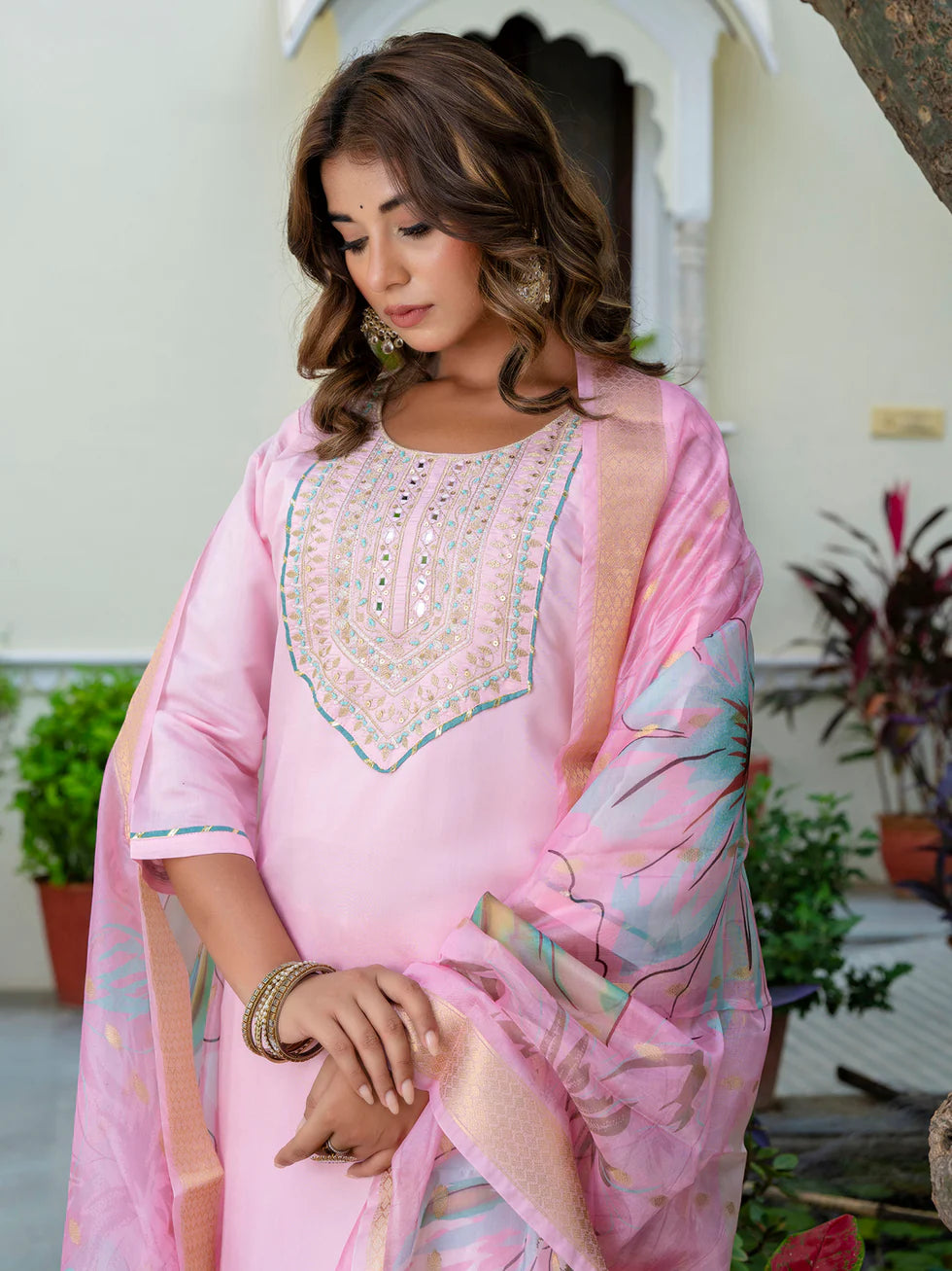 Floral Embroidered Silk Round Neck Kurta Trouser & Dupatta Set