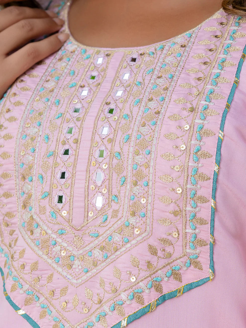 Floral Embroidered Silk Round Neck Kurta Trouser & Dupatta Set