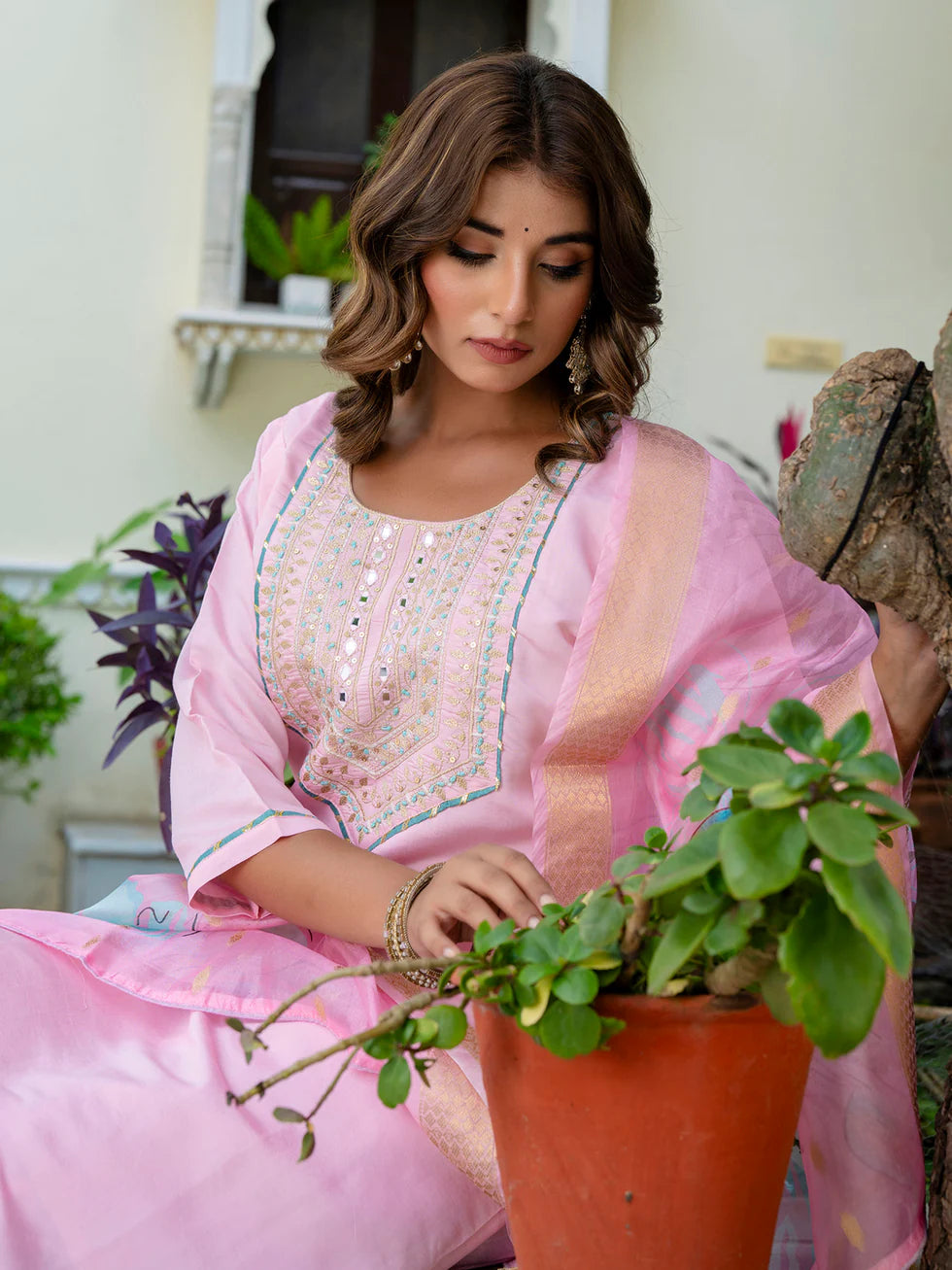 Floral Embroidered Silk Round Neck Kurta Trouser & Dupatta Set