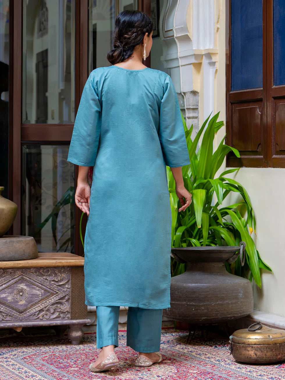 Floral Embroidered Silk Round Neck Kurta Trouser & Dupatta Set
