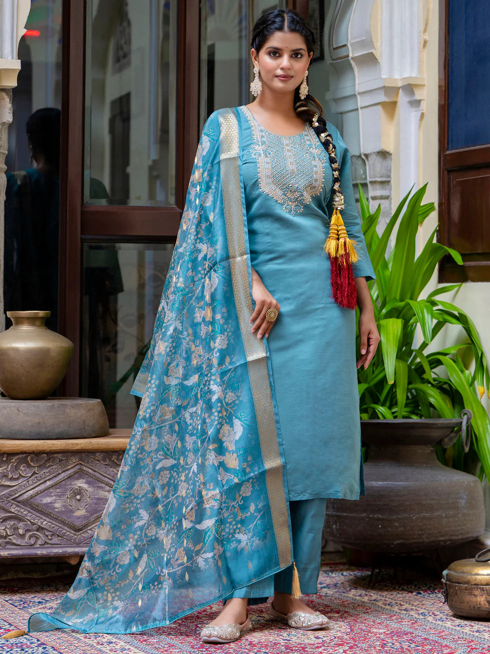 Floral Embroidered Silk Round Neck Kurta Trouser & Dupatta Set