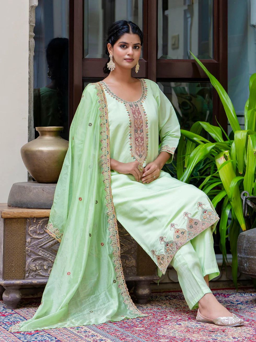 Floral Embroidered Silk Round Neck Kurta Trouser & Dupatta Set