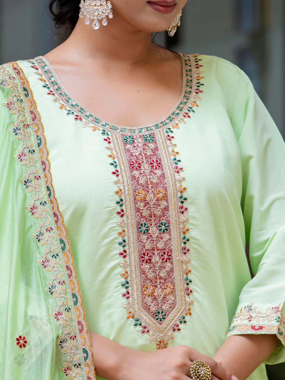 Floral Embroidered Silk Round Neck Kurta Trouser & Dupatta Set