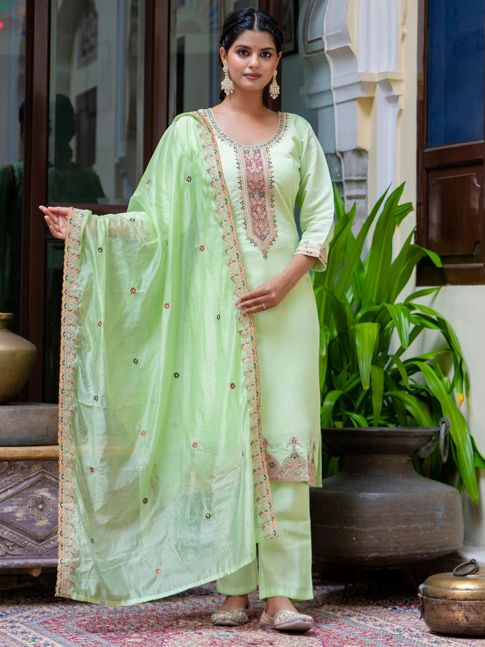 Floral Embroidered Silk Round Neck Kurta Trouser & Dupatta Set