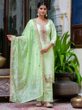 Floral Embroidered Silk Round Neck Kurta Trouser & Dupatta Set